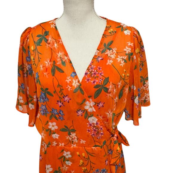 Calvin Klein Floral Chiffon Wrap Midi Dress Flutter Sleeves Ruffle Hem Orange 14 - Picture 4 of 13